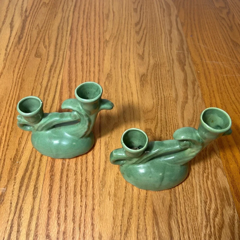 VTG Camark Pottery Pair of Green Double Candle Holders Mid Century Matte Glaze